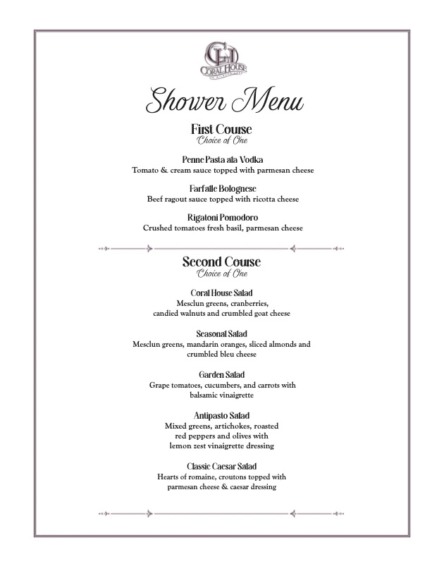 Coral House Bridal or Baby Shower Menu