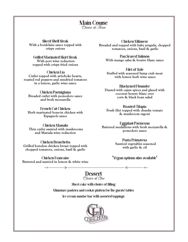Coral House Bridal or Baby Shower Menu