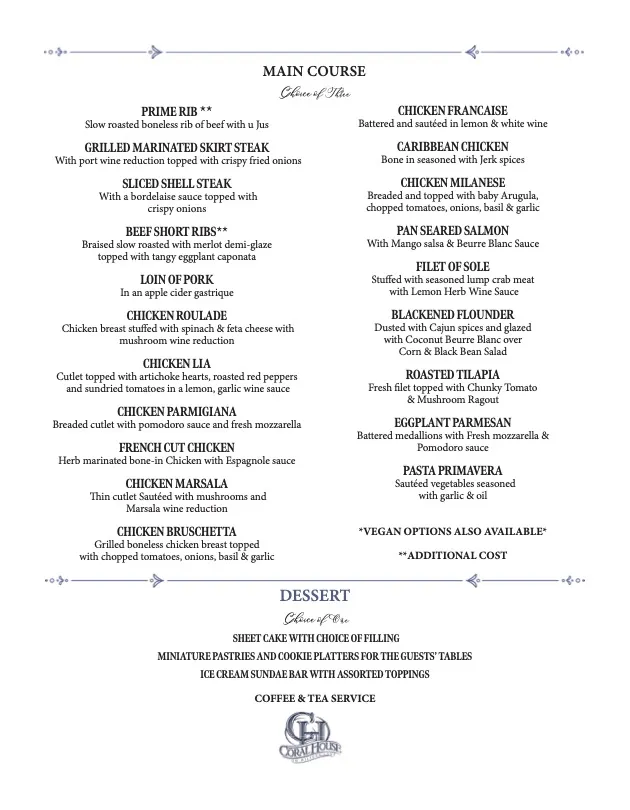 Coral House Traditions Menu